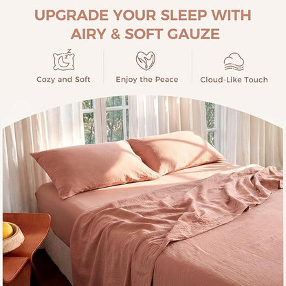 King Sheet Set Cotton Bed Sheets Gauze 4 Pcs Mocha Brown King Sheets Set 16" Deep Pocket Sheet & Pillowcase Sets Boho Muslin Sheets King Size Soft All Season Bedding Sets