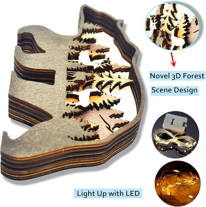 Light Up Bear Art Decor Wooden Brown Bear Figurine with LED Home Shelf Desk Decorations Rustic Multi-Layer Bear Crafts