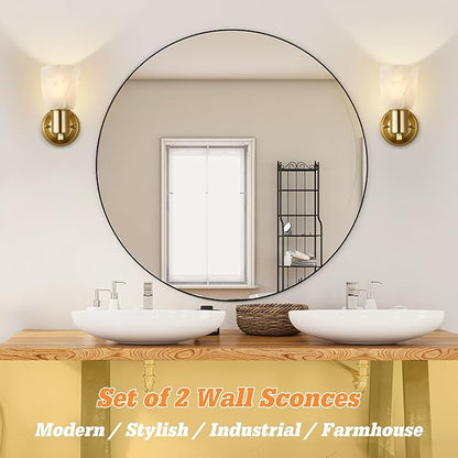 Wall Sconces Set of 2, Gold Vanity Lights for Bathroom, Modern Wall Light Fixtures with Rotary Switch, Wall Mount Light with Frosted Glass, Farmhouse Lamp for Bedroom Living Room