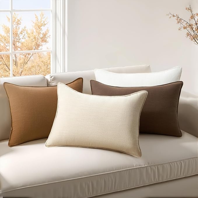 Pack of 4 Linen Lumbar Pillow Covers Neutral Farmhouse Couch Throw Pillows for Bed Accent Modern with Flange Design Pillowcase Sofa Livingroom Home Decor 12x20 Inch