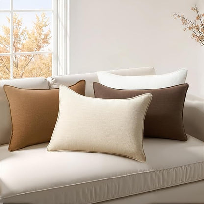 Pack of 4 Linen Lumbar Pillow Covers Neutral Farmhouse Couch Throw Pillows for Bed Accent Modern with Flange Design Pillowcase Sofa Livingroom Home Decor 12x20 Inch