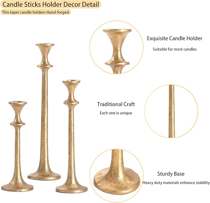 Gold Taper Candle Holders Set of 3, Heavy Candlestick Holders Decorative Candle Stand for Table Centerpiece, Cast Iron Candle Stick Holder Decor