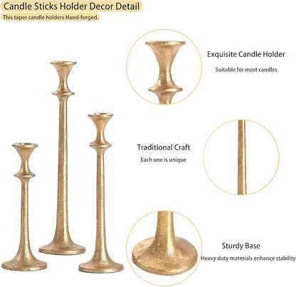 Gold Taper Candle Holders Set of 3, Heavy Candlestick Holders Decorative Candle Stand for Table Centerpiece, Cast Iron Candle Stick Holder Decor