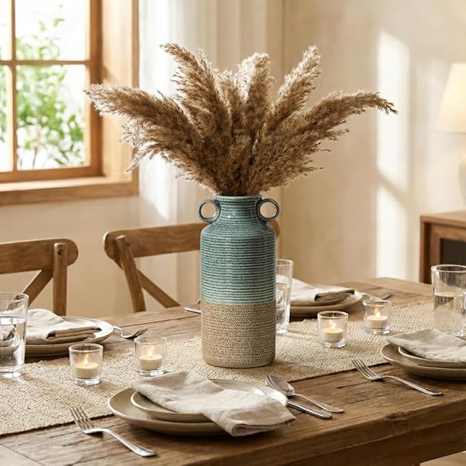 Blue and Brown Ceramic Rustic Vase with 2 Round Handles, Modern Farmhouse Flower Vase, Vintage Terracotta Vases for Home Decor, Wedding, Living Room, Table, Shelf Decor - 9.5 Inch Tall