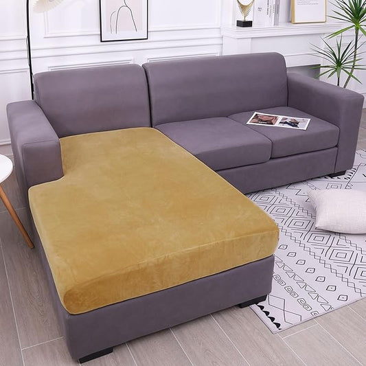 hyha Velvet Couch Cushion Covers, Stretch Chaise Lounge Sectional Couch Seat Covers L Shape for Sectional Sofa, Soft Sofa Cushion Slipcover Washable with Elastic Bottom(Chaise, Camel)