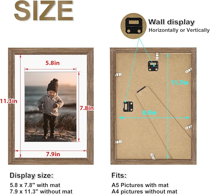 KINLINK A4 Picture Frame, Brown Wood Solid Wood Frames with Acrylic Plexiglass for Pictures A5 with Mat or A4 without Mat, Tabletop and Wall Mounting Display 4 Pack