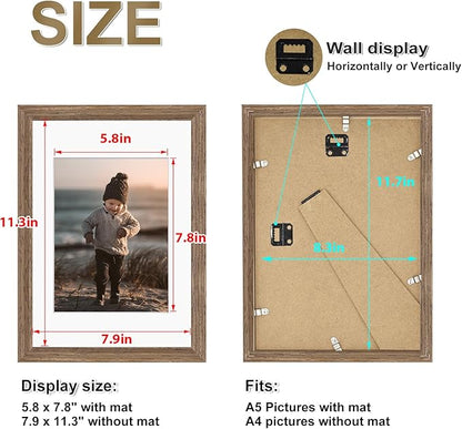 KINLINK A4 Picture Frame, Brown Wood Solid Wood Frames with Acrylic Plexiglass for Pictures A5 with Mat or A4 without Mat, Tabletop and Wall Mounting Display 4 Pack