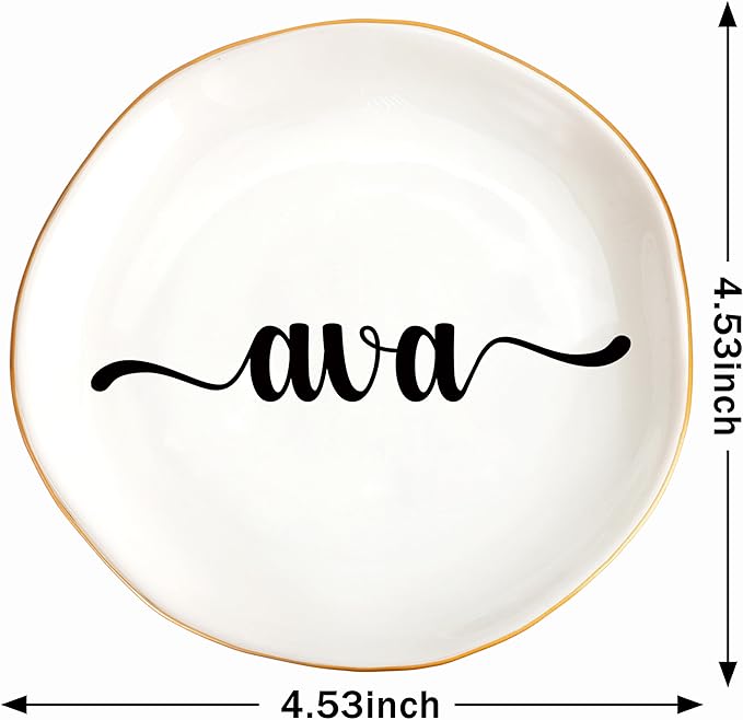 JoycuFF Ava Personalized Name Ceramic Jewelry Tray, Mothers Day Christmas Anniversary Engagement Birthday Gifts for Women Couples, Trinket Dish for Rings Earrings Necklaces Bracelets Keys