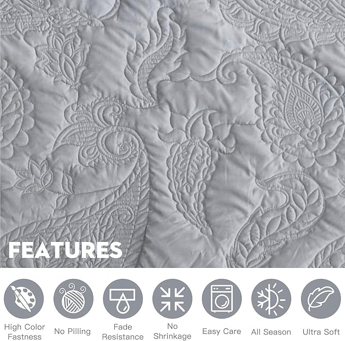 HZ & HY Oversized King Bedspread, Quilted Coverlet Bedding Set, Lightweight Thin Comforter, Reversible, Luxurious, 5 Piece, 100% Microfiber, Grey