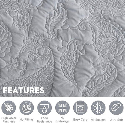HZ & HY Oversized King Bedspread, Quilted Coverlet Bedding Set, Lightweight Thin Comforter, Reversible, Luxurious, 5 Piece, 100% Microfiber, Grey