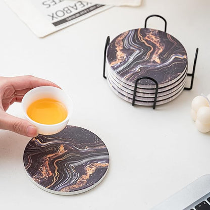 Ceramic Drink Coasters Set of 6 with Holder, Modern Marble Absorbent Ceramic Coasters, Round Ceramic Table Coasters for Home Decor Coffee Kitchen (4 Inches), Black