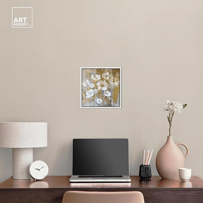 Art Remedy Golden Daisies Canvas Elegant White Gold Wall Art, White Frame, 12" x 12"
