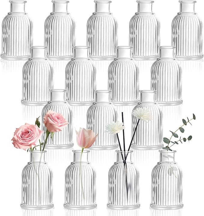 DomeStar 16PCS Glass Bud Vases Set for Bouquet, Mini Clear Vintage Clear Cylinder Vases for Flowers, Small Flower Vase Suitable for Birthday Party, Anniversary, Wedding, Baby Shower Party Home Decor
