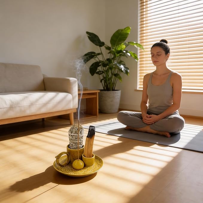 4-Inch 5-in-1 Yellow Ceramic Incense Holder | Multi-Use Smudge Tray for Palo Santo, Sage, Incense Sticks & Cones | Ideal for Candles & Meditation | Zen Altar for Yoga & Aromatherapy