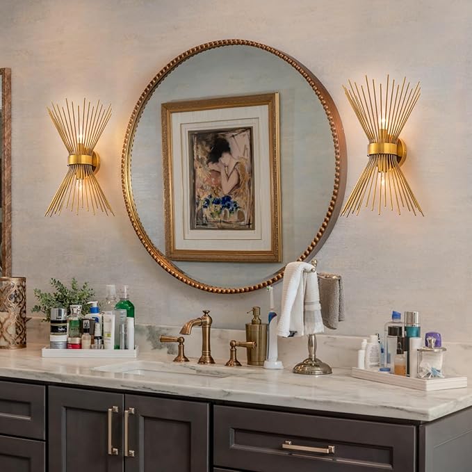 EDISLIVE 2-Bulb Bathroom Vanity Light Mid-Century Modern Starburst Wall Sconce Lamp 11 x 4.7 x 15.8in Wall Light for Hallway Bedroom Bathroom Gold