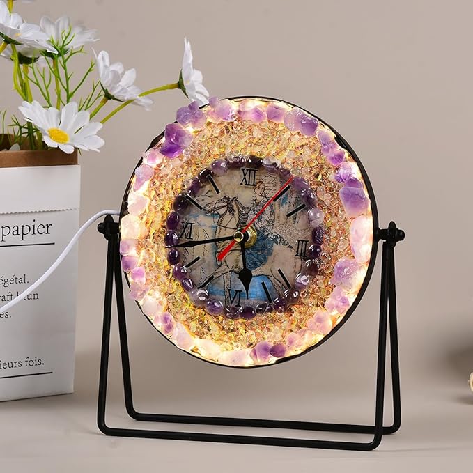 JIC Gem Amethyst Crystal Clock with Lamp Decorative Desk Clock Purple Amethyst Stone USB Port Night Light Home Office Decor