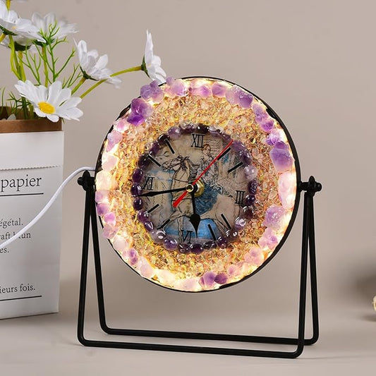 JIC Gem Amethyst Crystal Clock with Lamp Decorative Desk Clock Purple Amethyst Stone USB Port Night Light Home Office Decor