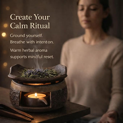 Zen Ceramic Incense Holder with Wooden Tongs, Tealight Wax Warmer and Essential Oil Burner for Wax Melts, Dried Herbs and Palo Santo, Aromatherapy Stove for Bedtime Calm, Meditation, Home and Office