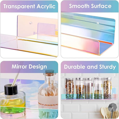 NiHome 2PCS Iridescent Wall Mounted Clear Acrylic Floating Shelves, Attom Tech 15" Thick Invisible Wall Ledge Bookshelf Kids Book Display Shelves for Home, Office, School, Business