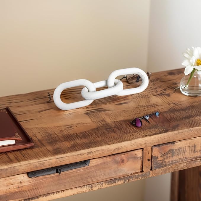 Wood Knot Decor, 3 Link Boho Wooden Chain Link Decor,Modern Rustic Home Decorations for Book Shelf Fireplace Coffee Table Living Room Décor (White)