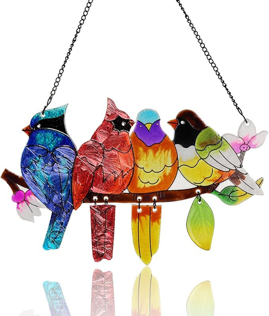 DASTOLL Stained Glass Window Hanging, Birds on A Branch Stain Glass Suncatcher, Hand-Painted Sun Catchers Indoor Window Decoration Bird Lover Gift for Mom, Grandma, Stocking Stuffers for Women