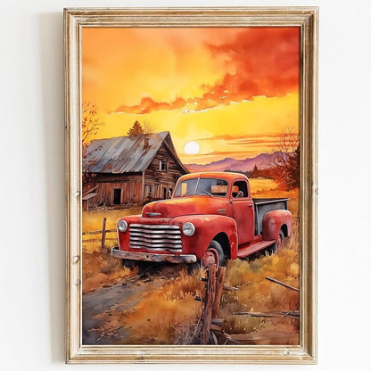 Farmhouse Scenery Canvas Red Truck Picture Farm Tractor Wall Art Old Barn Posters Old Tractor Painting Country House Artwork Rustic Landscape Picture Sunset Farmhouse Wall Art 16x24in No Frame