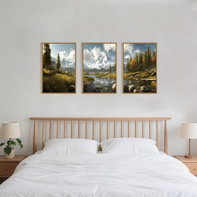 Aryroi Large Watercolor Snow Mountain Framed Canvas Wall Art,Modern River Grassland Wall Decor,Natural Green Forest Artwork,Neutral Wood Landscape Art Print for Living Room,Bedroom,Office- 24"x36"x3
