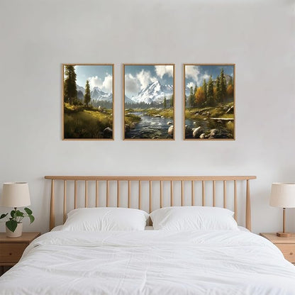 Aryroi Large Watercolor Snow Mountain Framed Canvas Wall Art,Modern River Grassland Wall Decor,Natural Green Forest Artwork,Neutral Wood Landscape Art Print for Living Room,Bedroom,Office- 24"x36"x3