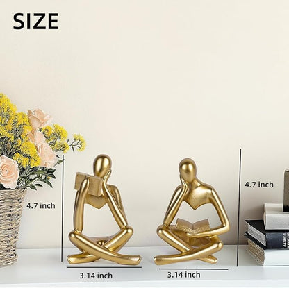 Reading Thinker Statue, Sculptures Abstract Art Ornament, Modern Aesthetic Figurine Decoration Set of 2 Status for Home Living Room Bedroom Office Shelf Table Desk Bookshelf Decor (Gold)
