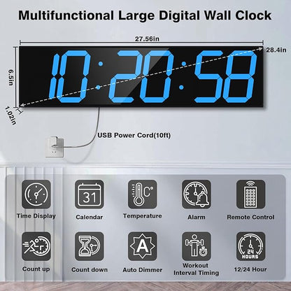 Digital Wall Clock with Large Display, 28.4‘’LED 6-Digit Large Digital Clock with Adjustable Brightness, Multifunction Gym Clock with Countdown,Stopwatch and Workout Interval Timing (Blue)