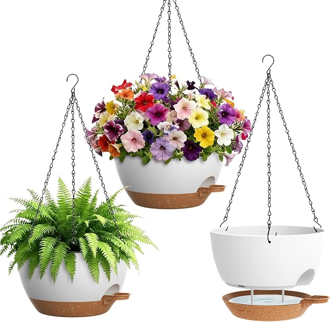 Set of 3-10 Inch Self Watering Hanging Planters for Indoor & Outdoor，Hanging Plant Pots with Drainage & Removable Tray, Hanging Pots Holder for Pothos Plant, Ferns, Balcony & Patio,White with Brown