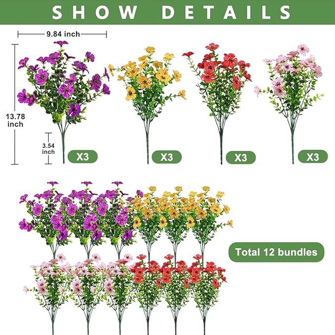 12 Bundles Artificial Flowers for Outdoor,No Fade UV Resistant Fake Flowers,4 Color Faux Plants for Outside Hanging Planters,Artificial Plants for Indoor Porch Garden Home Wedding Decor