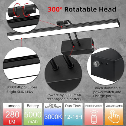 FUNCHDAY Picture Light,3CCT Battery Art Lights for Wall,Wireless Remote Painting Light with Timer and Dimmable,16”Metal Display Lighting for Artwork,Portrait,Gallery (Black-L)
