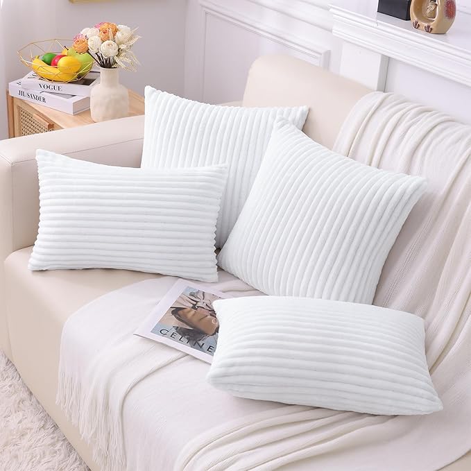 Simmore Decorative Spring Throw Pillow Covers 18x18 Set of 2, Soft Natural Plush Flannel Double-Sided Fluffy Couch Pillow Covers for Sofa Living Room, White