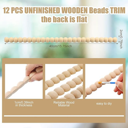 Nuanchu 12 Pcs Decorative Beaded Wood Trim Molding Half Wooden Beads Bobbin Trims 15.75 Inch Unfinished 3D Pearl Paintable Wood Molding for DIY Crafts Home Wall Cabinet Shelf Window Door (20 mm)