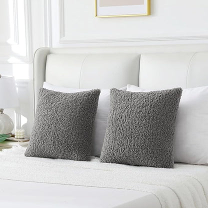 FUTEI Dark Grey Throw Pillow Covers 16x16 Inch Set of 2,Furry Faux Fur Teddy Boucle Textured Cushion Covers,Soft Fluffy Decorative Pillow Case,Home Decor for Couch Bed Living Room Office Car