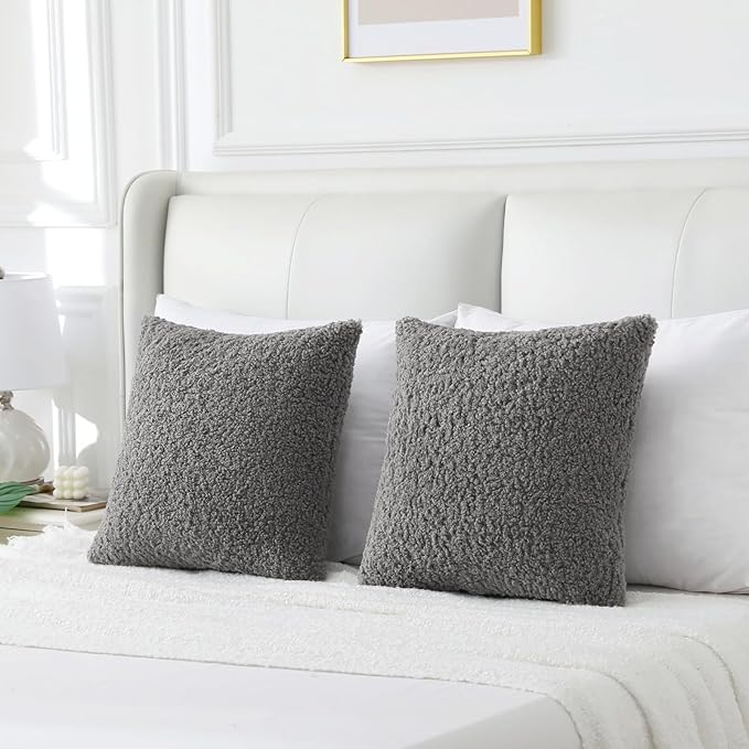FUTEI Dark Grey Throw Pillow Covers 20x20 Inch Set of 2,Furry Faux Fur Teddy Boucle Textured Cushion Covers,Soft Fluffy Decorative Pillow Case,Home Decor for Couch Bed Living Room Office Car