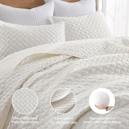 HORIMOTE HOME Cream Quilt Twin Size, Lightweight Quilt for Summer Ultra-Soft Microfiber Modern Style Quilted Clouds Pattern Bedspread Quit Set 2 Pieces (1 Quilt and 1 Pillow Sham)