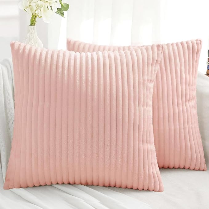 Simmore Decorative Fall Throw Pillow Covers 18x18 Set of 2, Soft Plush Flannel Double-Sided Fluffy Couch Pillow Covers for Sofa Living Room, Pink