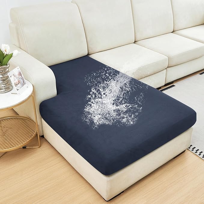 NAISI Waterproof Couch Cushion Covers Thick Velvet Fabric Washable Sofa Slipcovers 1 Piece Individual Sectional Couch Covers with Elastic Bottom(1 PC for Chaise Lounge,Navy)