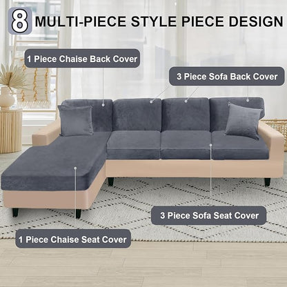 NAISI Sectional Couch Covers 8 Pieces Velvet Couch Cushion Covers L Shape Soft Stretch Sofa Slipcovers with 2pcs Pillowcases for Left/Right Chaise Sectional Couch(3 Seater+1 Chaise+4 Back,Dark Grey)