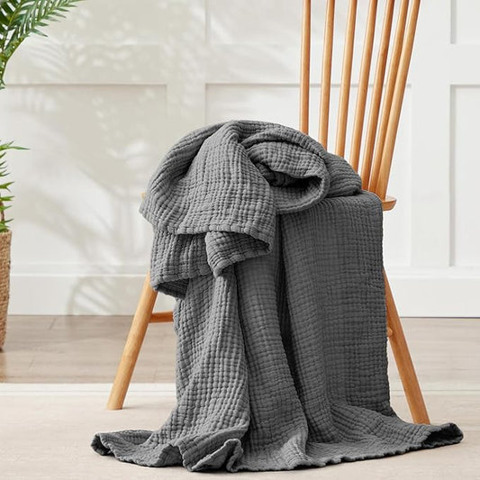 100% Cotton Muslin Blanket Large 50" x 70", Breathable and Lightweight Cotton Throw Blanket for Bed and Couch, Soft Cooling Summer Gauze Blanket for Adults All Season, Dark Grey