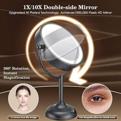 VESAUR Professional 8.5" Lighted Makeup Mirror, 1X/10X Double Sided HD Undistorted Magnifying Mirror with 3 Color 90 Dimmable LED lights, 360° Rotation Vanity Mirror, Unique Black Nickel with Gift Box
