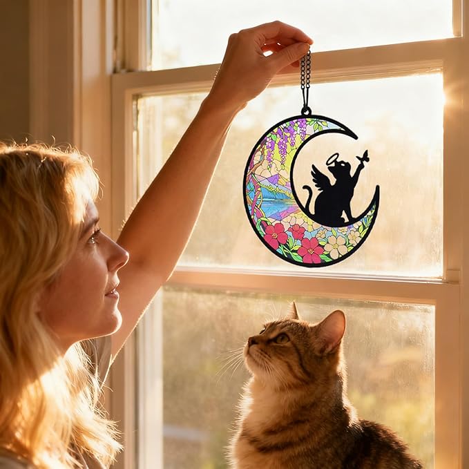 Cat Memorial Suncatcher for Window Ornament, Pet Sympathy Gift to Memorialize The Loss, Angel Cat Sun Catchers with Personalized Decorations