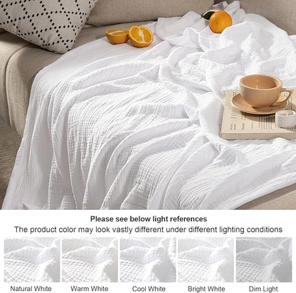 PHF 100% Cotton Muslin Blanket King Size 108"x90", 4-Layer Lightweight Gauze Throw, Breathable Cloud-Soft Minimalist Blanket for Bed, Couch, Camping & Baby, White, Ideal Gift