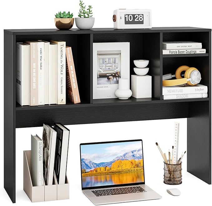 GOFLAME 4 Cubes Desktop Bookshelf, 37” Tabletop Wood Desk Shelf for Computer Monitor, Modern Countertop Desk Display Hutch Storage Organizer Shelf for Home Office, Dorm, Study (Black)