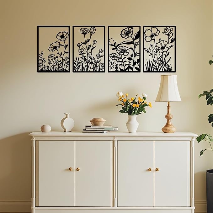 ATSKIM 4 Pieces Black Metal Flowers Wall Decor, Abstract Wall Art Hanging Sculpture Minimalist Bedroom Decor with Floral Line Design for Bedroom Living Room Bathroom, 15.7 x 11 In (Black)