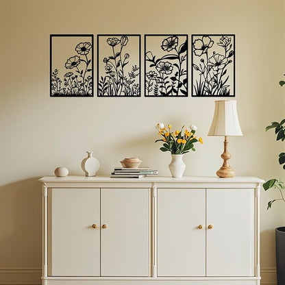 ATSKIM 4 Pieces Black Metal Flowers Wall Decor, Abstract Wall Art Hanging Sculpture Minimalist Bedroom Decor with Floral Line Design for Bedroom Living Room Bathroom, 15.7 x 11 In (Black)