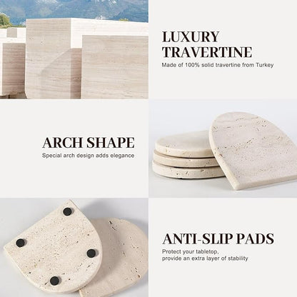 Koville Travertine Coaster Set of 4, Natural Marble Coasters for Drinks, 4" Stone Coasters Modern Arch Shape Heat Resistant, Decorative Marble Coaster for Table Home Decor(Beige)