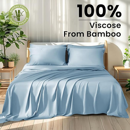 Shilucheng 100% Viscose Derived from Bamboo_ Sheets Queen Size 6pcs - Ultra Cooling & Silky Soft Bed Sheets, 16" Deep Pocket, Perfect for Hot Sleepers, Hotel Bedding Sheets (Teal Blue)